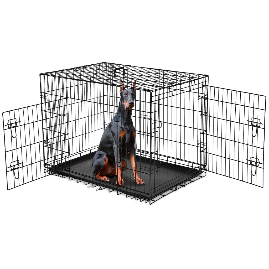 Dog Crate 42 Inch Large Dog Kennel Portable Dog Cage with Divider Panel Foldable Metal Travel Dog Crate Wire Dog Kennel with Double Door Leak-Proof Pan Tray for Indoor Outdoor Use