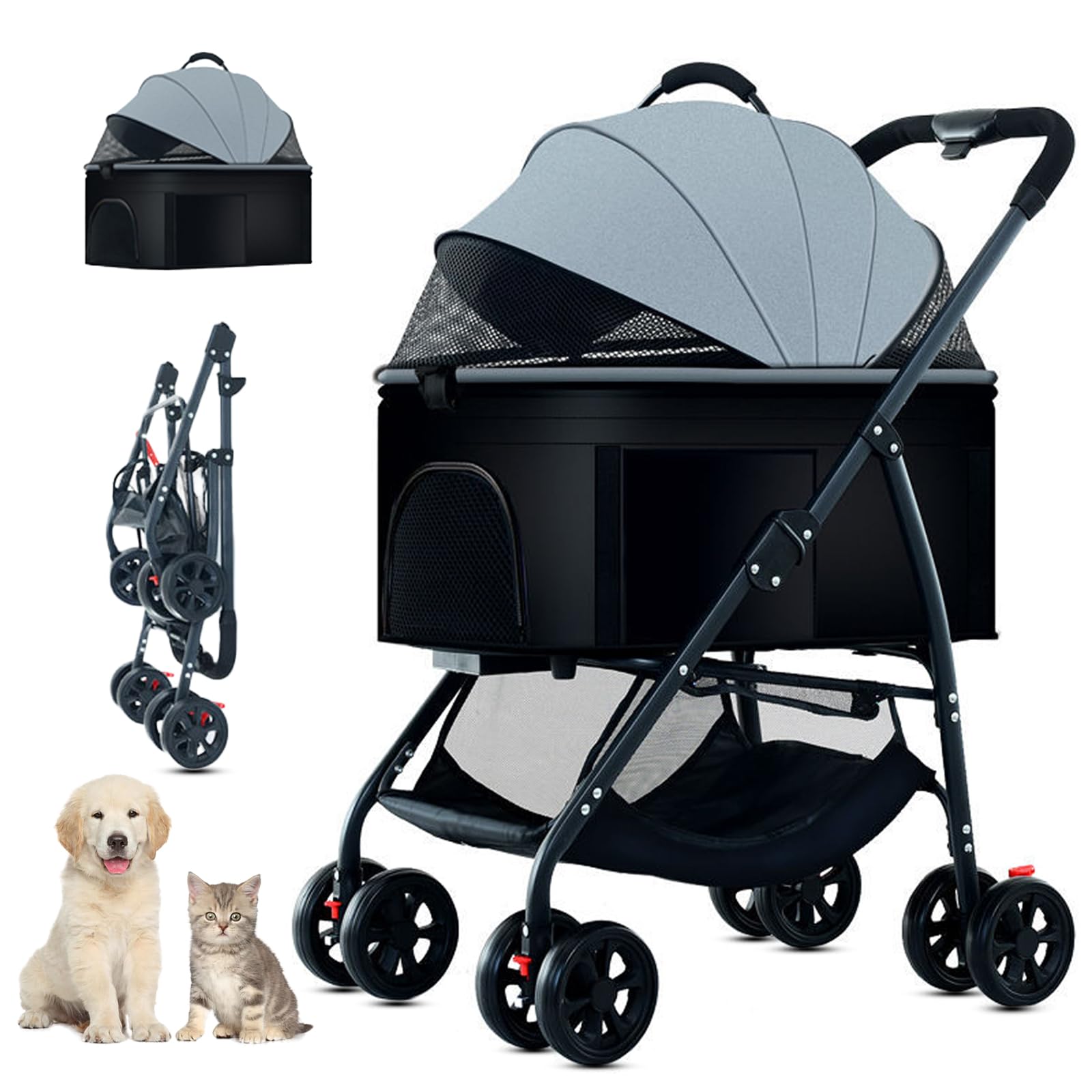 ZHUOKECE 3-in-1 Pet Dog Stroller Folding Lightweight Dog Stroller Cat Travel Stroller Up to 55lbs Dog Wagon Travel Carrier Pet Jogger Wagon with Basket for Medium Small Dogs (Grey)