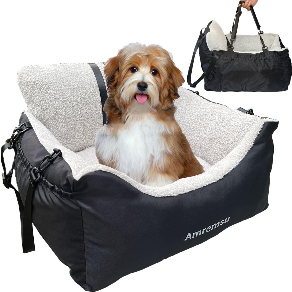 Small Dogs Car SeatFully Detachable and Washable Ultra Soft Car Travel Bed with Clip-onTwo Portable Handle and Storage Pockets Puppy Dog Booster SeatsPortable Dog Car Travel Carrier Bed