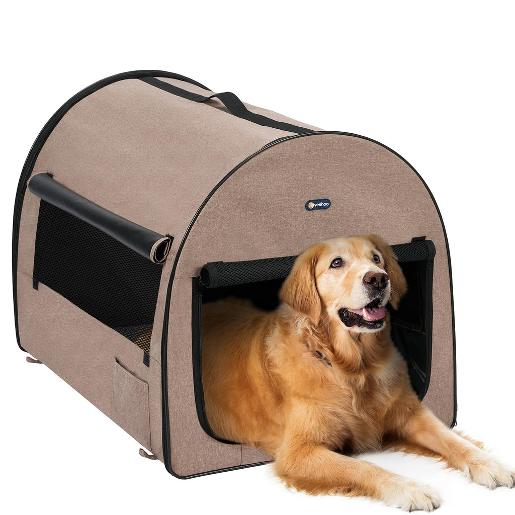 Veehoo Collapsible Dog Crates for Large Dogs - Portable Dog Travel Crate with A Storage Bag Soft Sided Foldable Dog Kennel for Indoor & Outdoor Use 40 * 29 * 29 inch Beige Coffee
