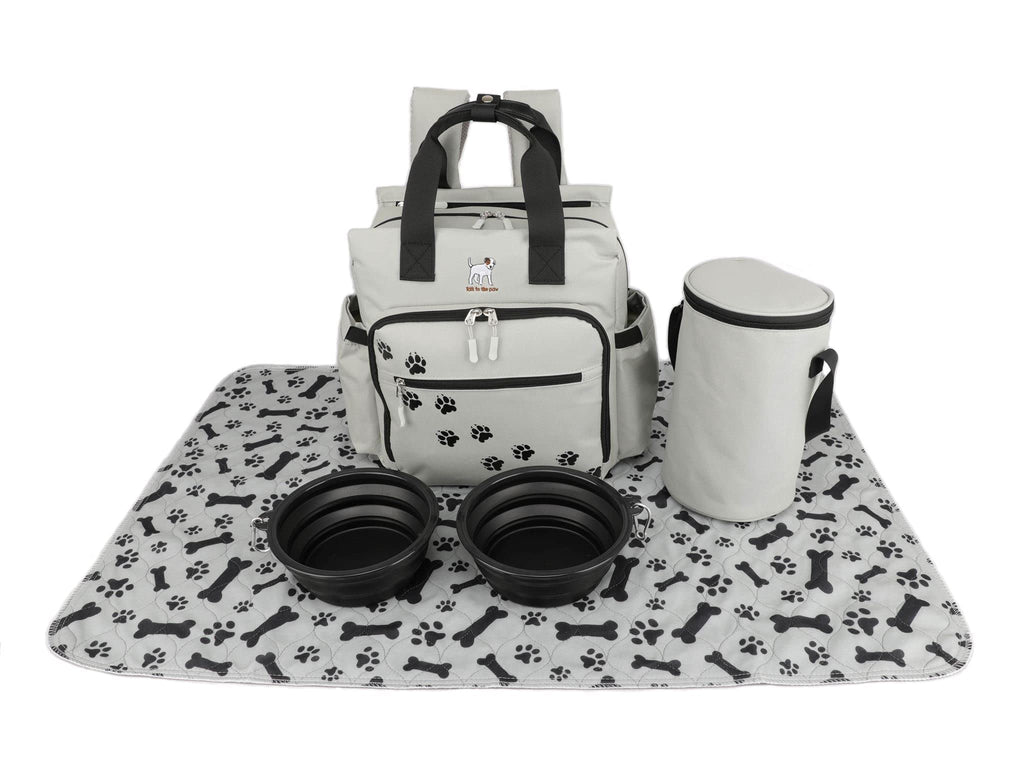 Dog Travel Bag - Dog Backpack Organizer - Pet Travel Kit Airline Compliant - Includes Large Pad Food Canister and Bowls (Gray Paw Prints)
