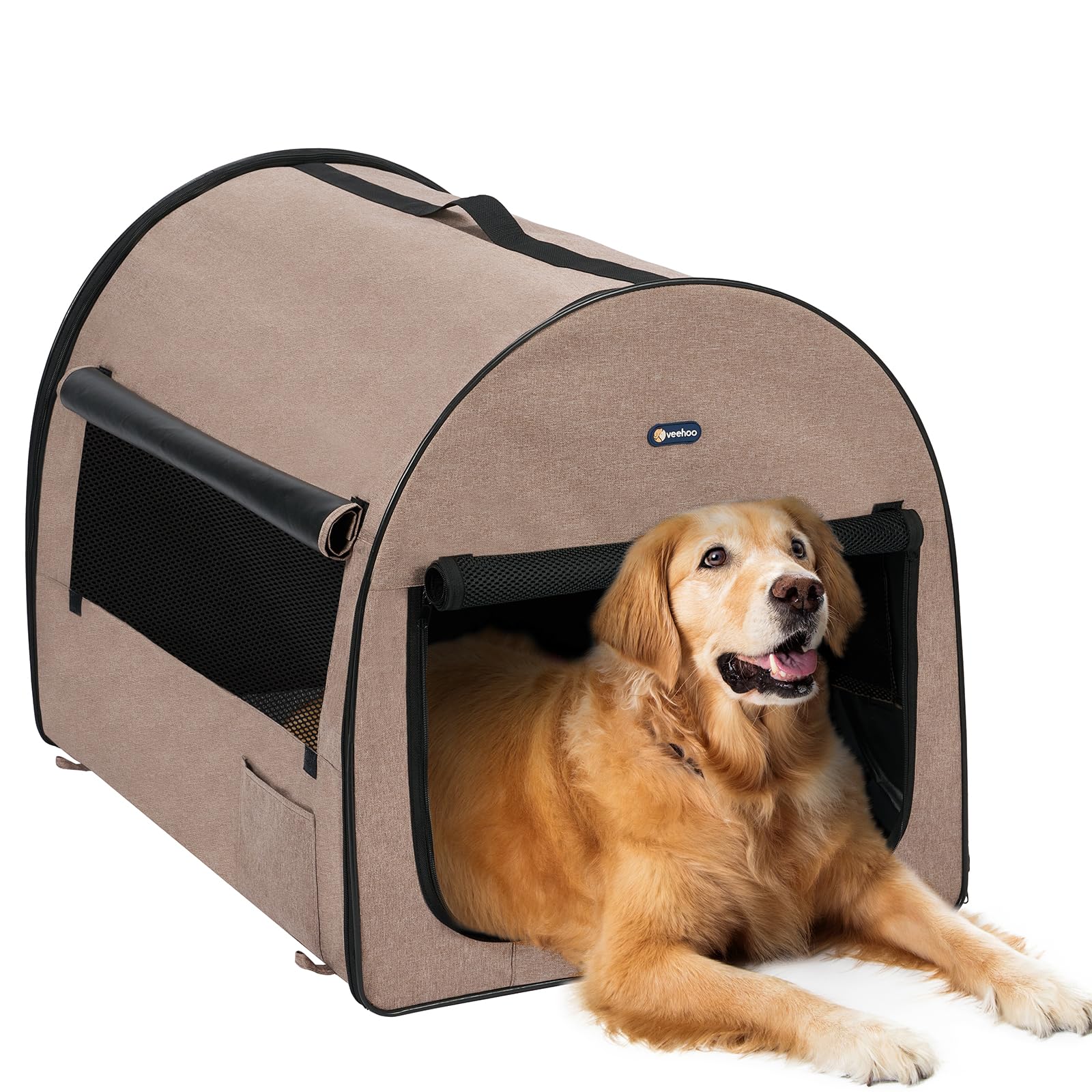 Veehoo Collapsible Dog Crates for Large Dogs - Portable Dog Travel Crate with A Storage Bag Soft Sided Foldable Dog Kennel for Indoor & Outdoor Use 40 * 29 * 29 inch Beige Coffee